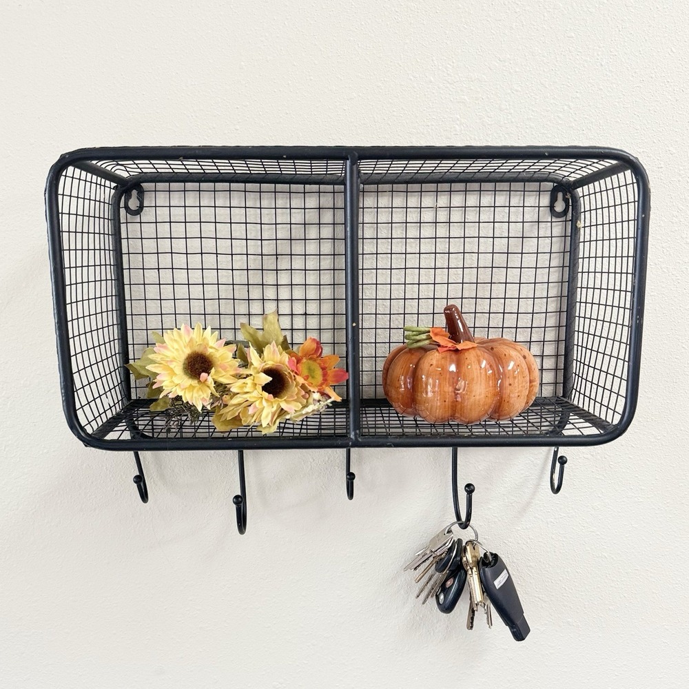 Old Rustic Black Metal Wire Wall Cubby Shelf 16" 2 Compartment 5 Hooks Farmhouse